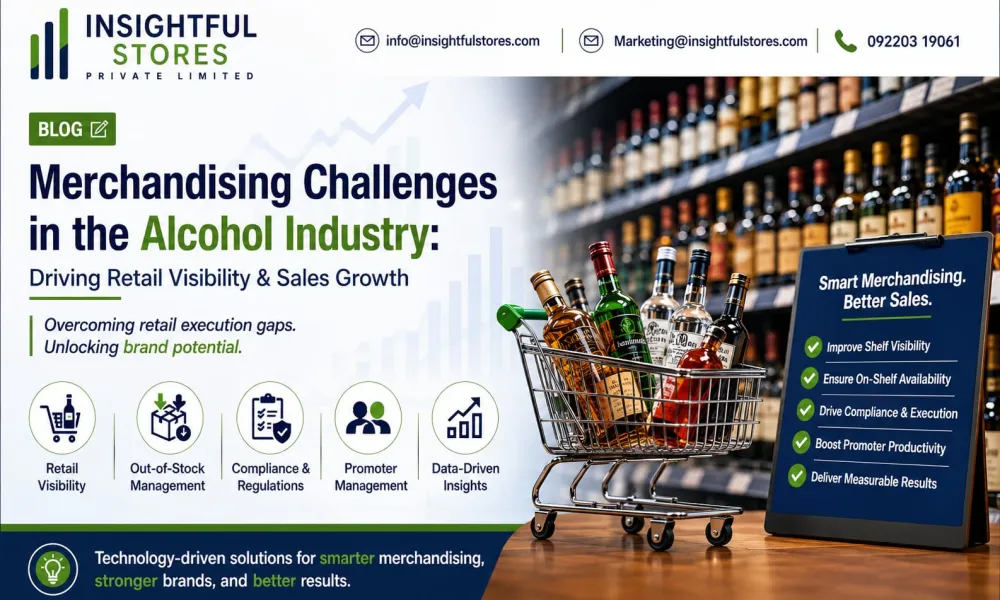 lcohol industry merchandising challenges infographic by Insightful Stores Private Limited showcasing retail visibility, stock management, compliance, promoter management, and retail execution solutions.