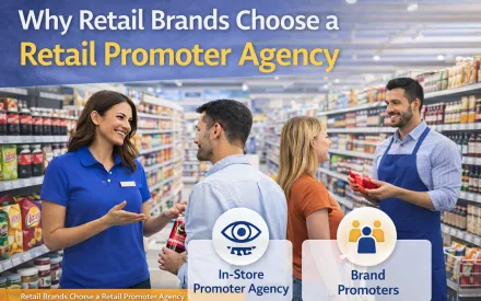 Retail promoter agency with brand promoters engaging customers inside a modern retail store